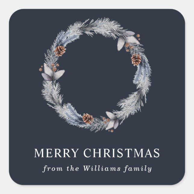 Rustic Silver Blue Winter Floral Wreath  Square Sticker (Front)