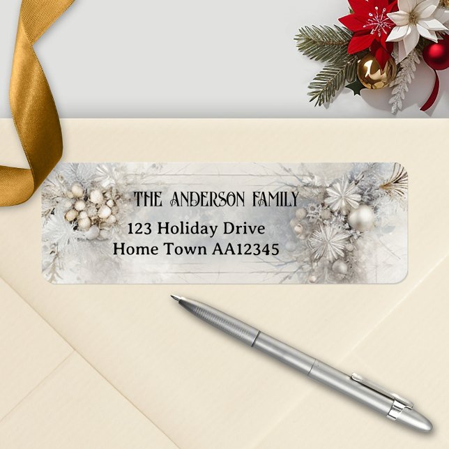 Rustic Silver Chic Christmas Return Address Label (Christmas return address label featuring a boho chic silver traditional design on rustic ivory)