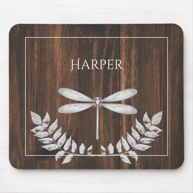 Rustic Silver Dragonfly Personalized Mouse Pad (Front)