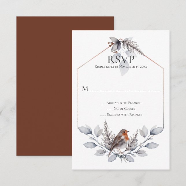 Rustic Silver Gray Rust Botanicals Bird RSVP Card (Front/Back)