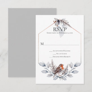 Rustic Silver Gray Rust Botanicals Bird RSVP Card