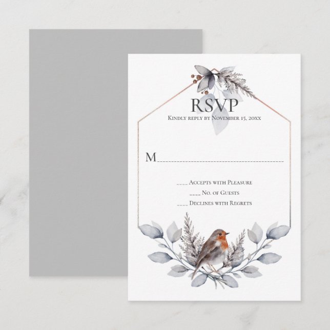 Rustic Silver Gray Rust Botanicals Bird RSVP Card (Front/Back)