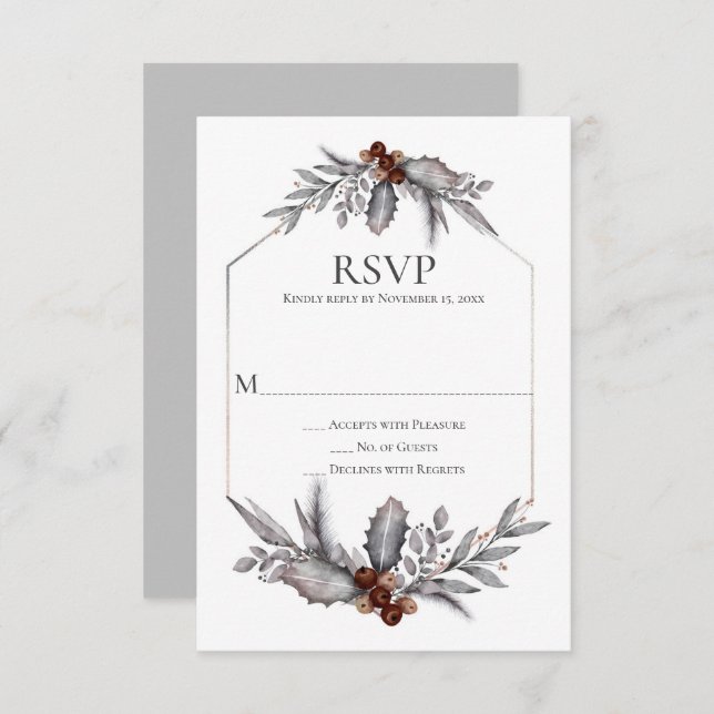 Rustic Silver Gray Rust Brown Berries RSVP (Front/Back)