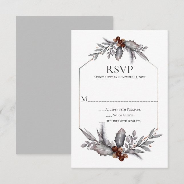 Rustic Silver Gray Rust Brown Berries RSVP Card (Front/Back)