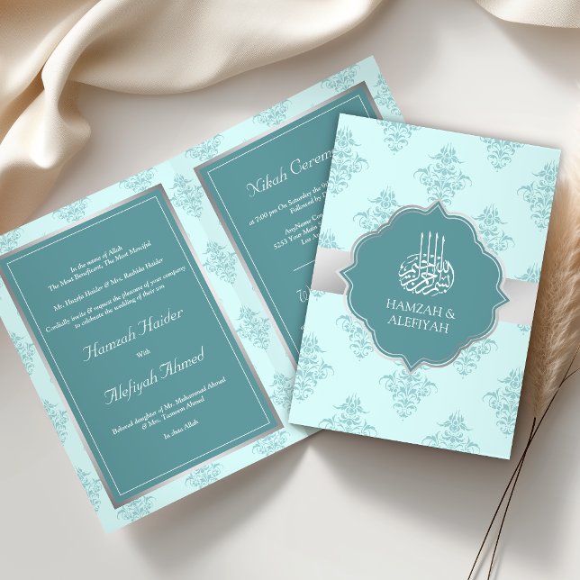 Rustic Silver Pastel Teal Damask Muslim Wedding Invitation (Creator Uploaded)