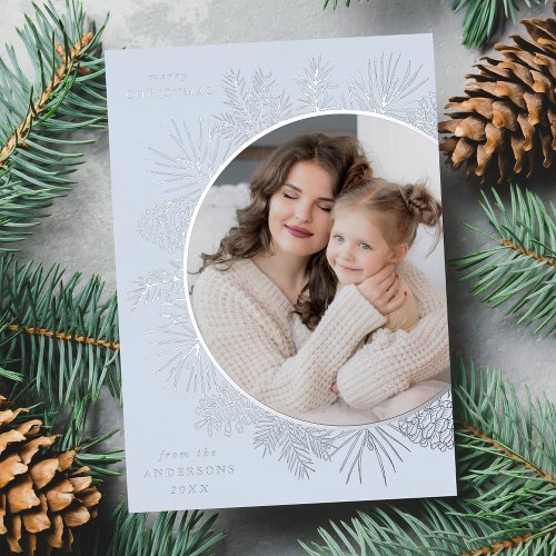 Rustic Silver Pinecones Photo Foil Holiday Card