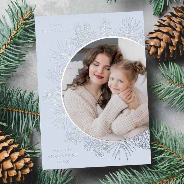 Rustic Silver Pinecones Photo Foil Holiday Card (Creator Uploaded)