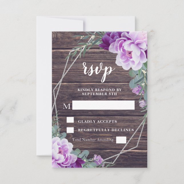 Rustic Silver & Purple Floral Barnwood Wedding RSVP Card (Front)