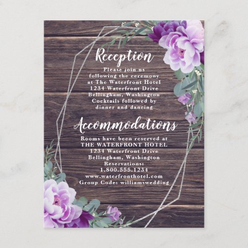 Rustic Silver  Purple Floral Wedding Details Enclosure Card