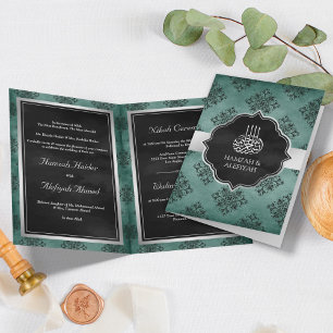 Rustic Silver Teal Black Damask Muslim Wedding Invitation