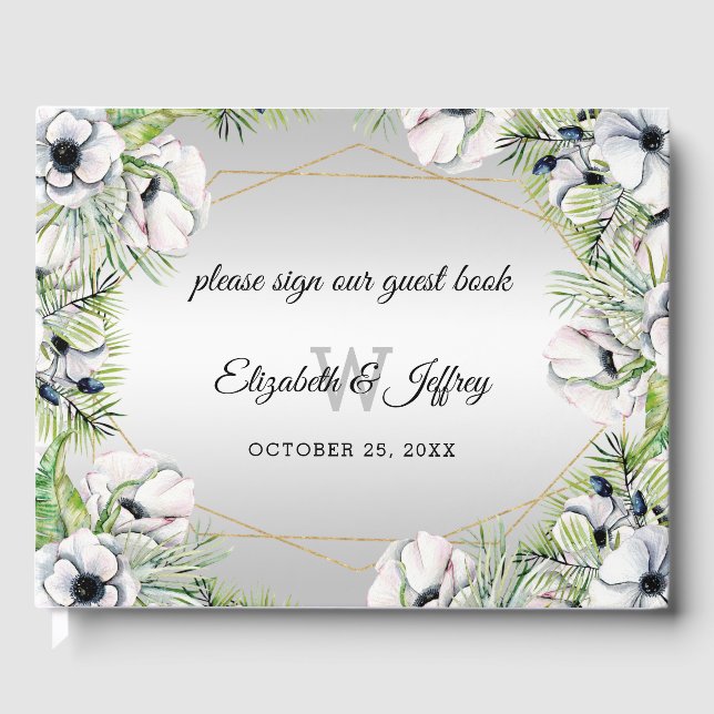 Rustic Silver White Anemone Gold Geometric Wedding Guest Book (Front)