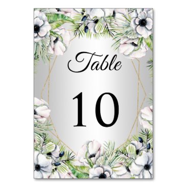 Rustic Silver White Anemone Gold Geometric Wedding Table Number