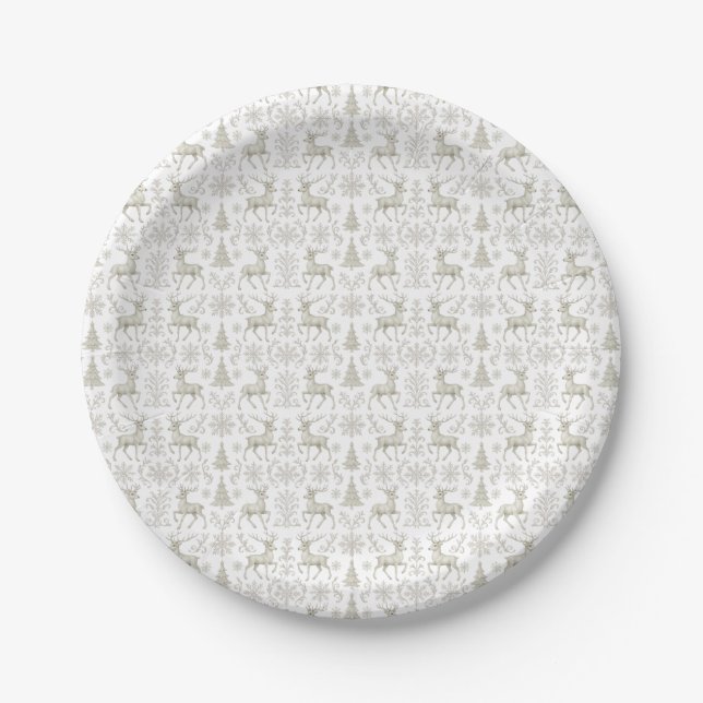 Rustic, Silver/White modern Christmas pattern Paper Plates (Front)