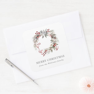 Rustic Silver Winter Floral Wreath Square Sticker