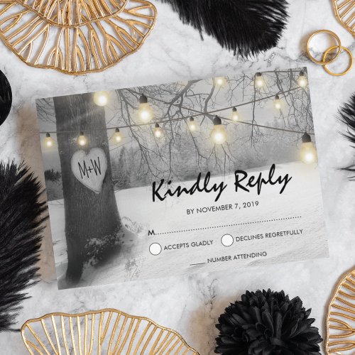 Rustic Silver Winter Tree Lights Wedding RSVP Invitation