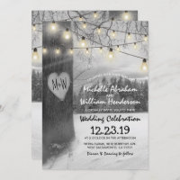 Rustic Silver Winter Tree Twinkle Lights Wedding Invitation