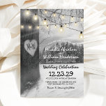 Rustic Silver Winter Tree Twinkle Lights Wedding Invitation<br><div class="desc">Your wedding is an important milestone, and it deserves to be celebrated in a way that truly captures your love story. Christmas gray and white woodland wedding invitations featuring winter trees covered in snow, a carved heart with your initials, and string twinkle lights will add a touch of enchantment to...</div>