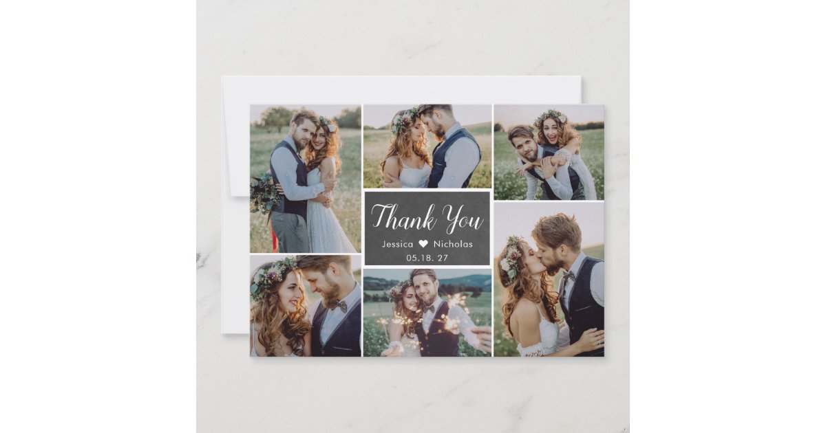 Rustic Simple 6 Photo Collage Script Wedding Thank You Card | Zazzle