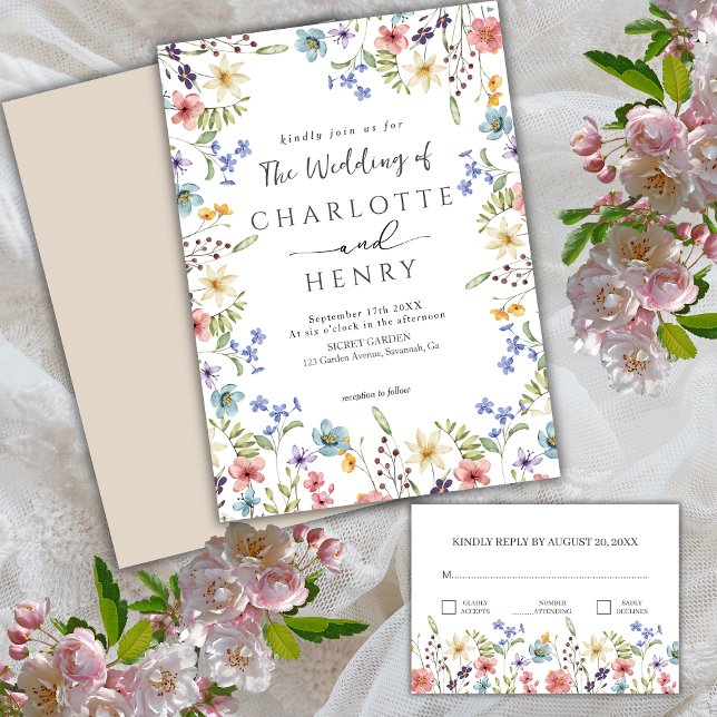 Rustic Simple Botanical Wildflower White Wedding Invitation (Creator Uploaded)