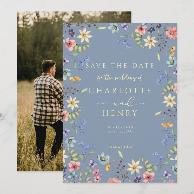 Rustic Simple Dusty Blue Photo Wedding Save The Date (Front/Back)