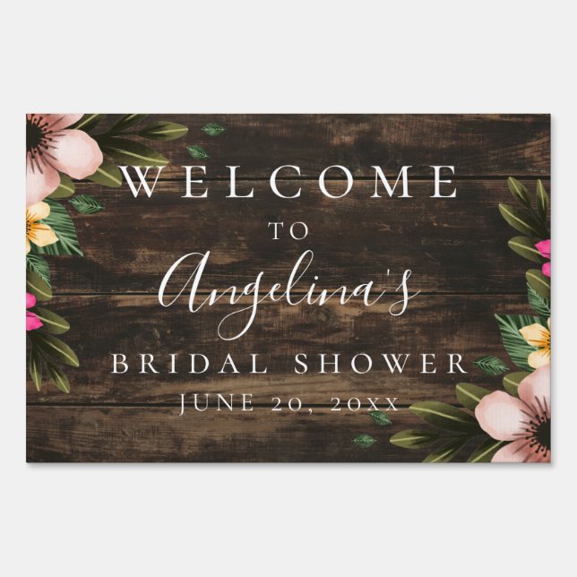 Rustic Simple Floral Wood Bridal Shower Welcome Sign (Front)