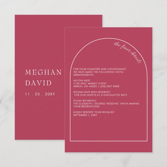 Rustic Simple Modern Arch Magenta Wedding   Enclosure Card (Front/Back)