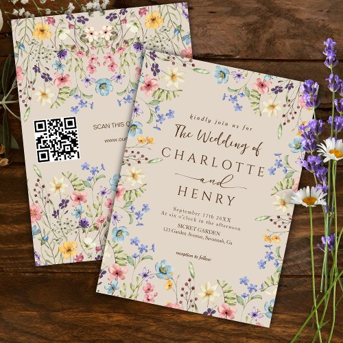 Rustic Simple Wildflower Beige QR Code Wedding Invitation