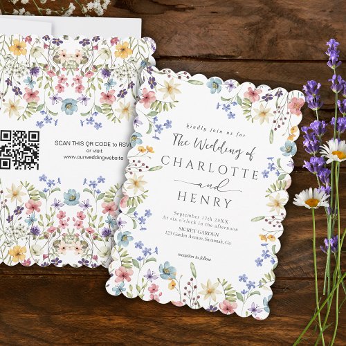 Rustic Simple Wildflower White QR Code Wedding Invitation