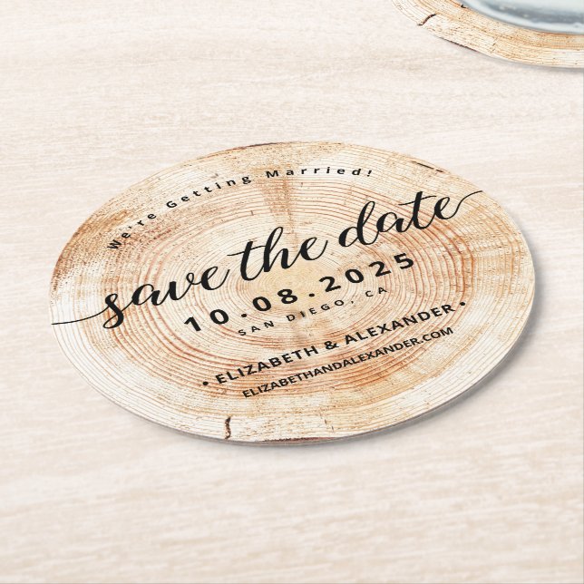 Rustic Simple Wood Barn Wedding Save The Date Round Paper Coaster (Angled)