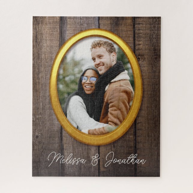  Rustic Simple Wood Golden Frame Add Photo Wedding Jigsaw Puzzle (Vertical)
