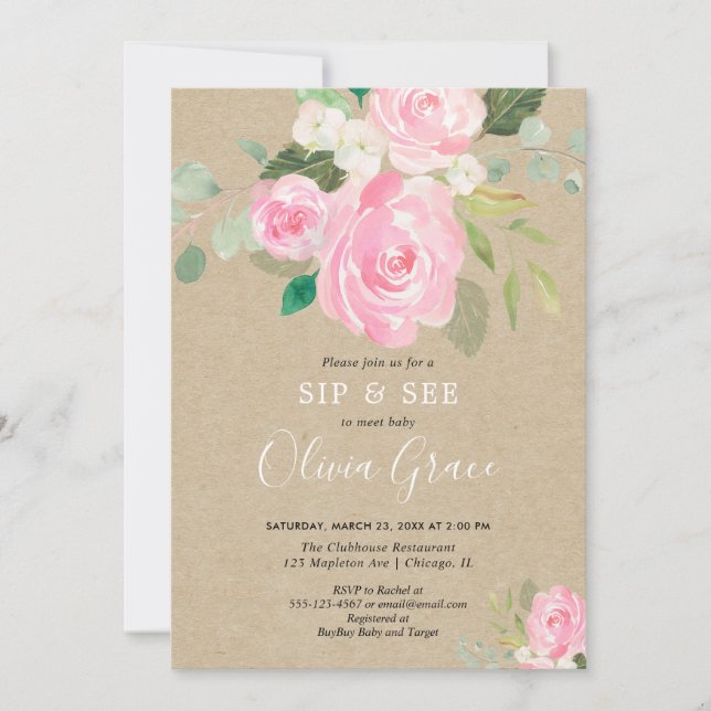 Rustic Sip and see floral watercolors blush pink Invitation (Front)