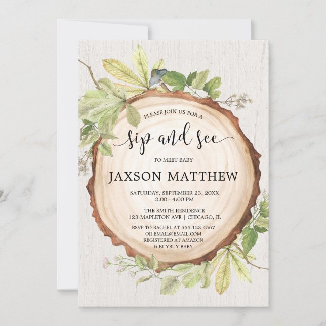 Rustic sip and see gender neutral woodland invitation (Front)