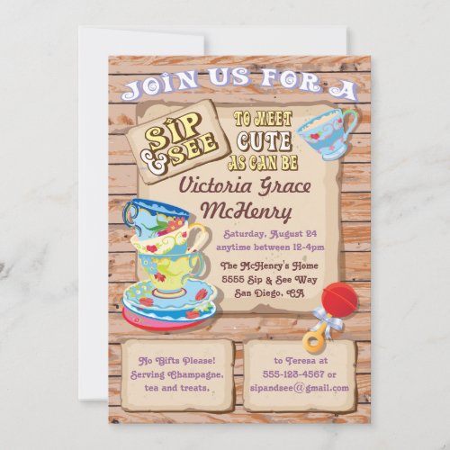 Rustic Sip and See New Baby Invitation