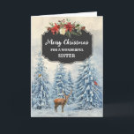 Rustic Sister Merry Christmas Card<br><div class="desc">Merry Christmas for sister card with rustic country chalkboard pattern and snowy watercolor forest scene with deer and birds.</div>