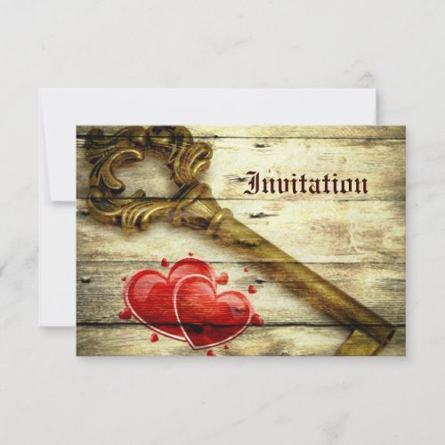 rustic barnwood hearts vintage key country wedding invitation