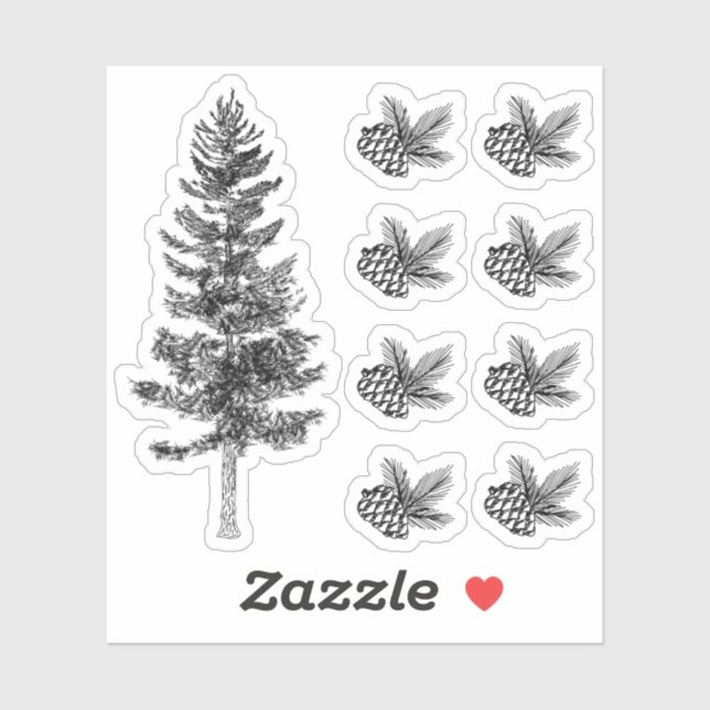 Rustic Sketch Pine Tree & Cones Forest Woodland Sticker (Sheet)