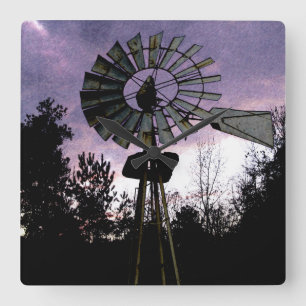 Rustic Sketched Old Windmill Square Wall Clock