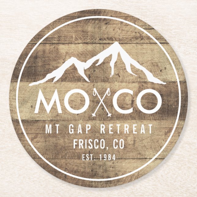 Rustic Ski House Mountain Wood Grain Personalized Round Paper Coaster (Front)