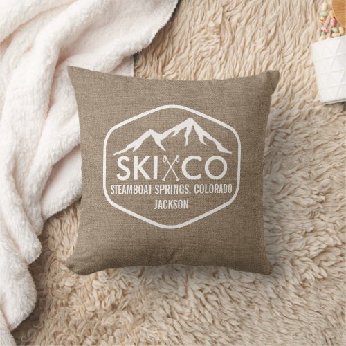 Rustic Ski Mountain Steamboat Colorado Burlap Throw Pillow