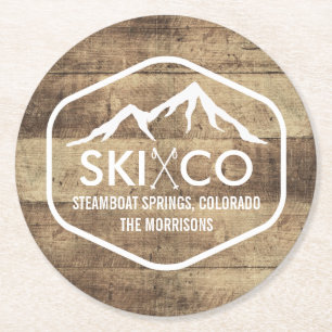 Rustic Ski Mountain Steamboat Colorado Wood Look Round Paper Coaster