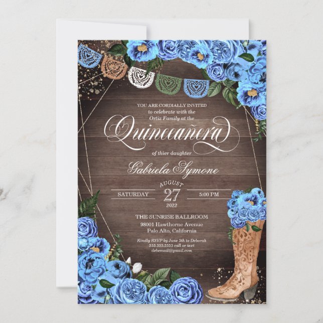 Rustic Sky Blue Country Charra Boots Quinceañera Invitation (Front)
