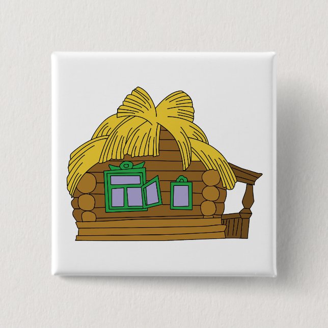 Rustic Slavic Log House Traditional Thatched Roof Button (Front)