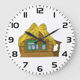 Rustic Slavic Log House Traditional Thatched Roof Large Clock