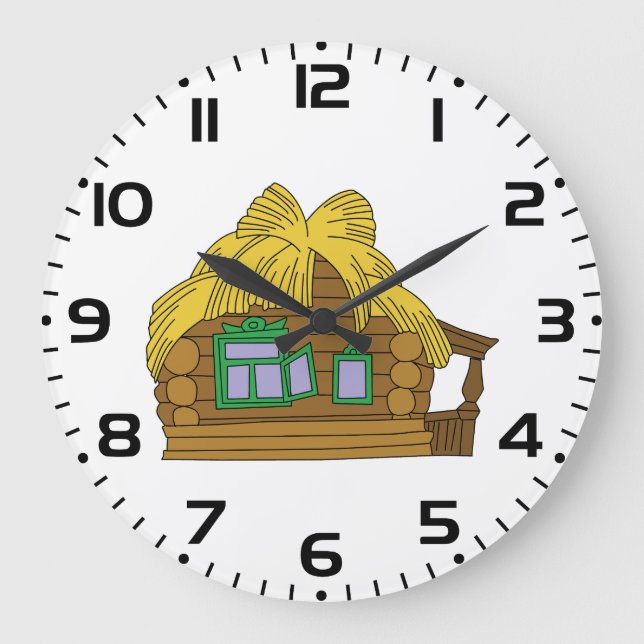Rustic Slavic Log House Traditional Thatched Roof Large Clock (Front)