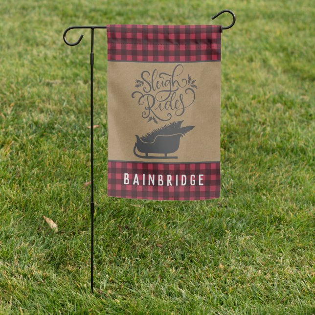 Rustic Sleigh Rides Buffalo Plaid Christmas Garden Flag (In SItu)
