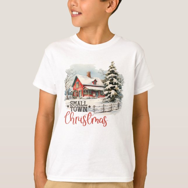 Rustic Small Town Christmas Farmhouse Kids T-Shirt (Front)