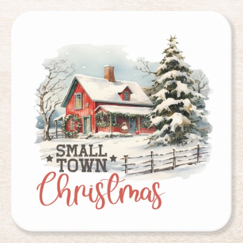 Rustic Small Town Christmas Farmhouse Square Paper Coaster