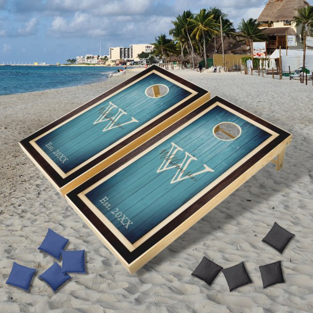 Rustic Smokey Blue Wood Tone Monogram Square Cornhole Set (Creator Uploaded)