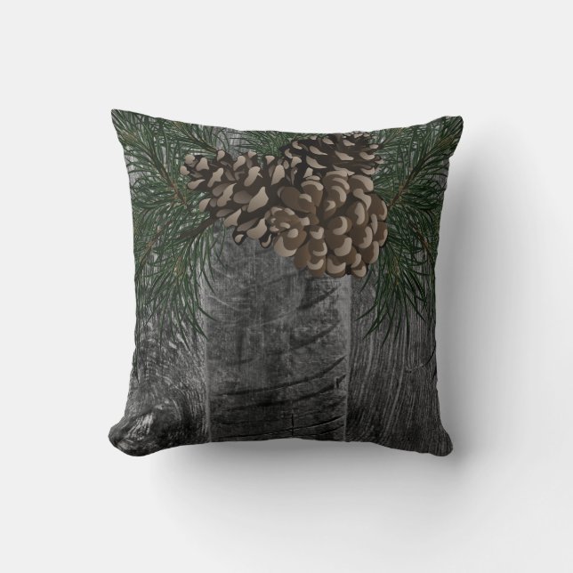Rustic smokey gray wood pine cone  throw pillow (Front)