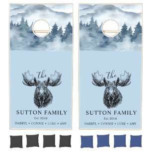 Rustic Smoky Blue Forest Moose Family Name Cabin Cornhole Set
